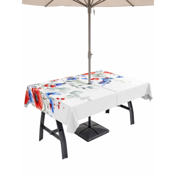 Outdoor Tablecloth with Umbrella Hole for Patio/Picnic/Party/Camping, Blue Red Flowers Waterproof Table Cloth Rectangle Table Cover Washable, Elegant Spring Floral Butterfly Pastoral (60"x 84")