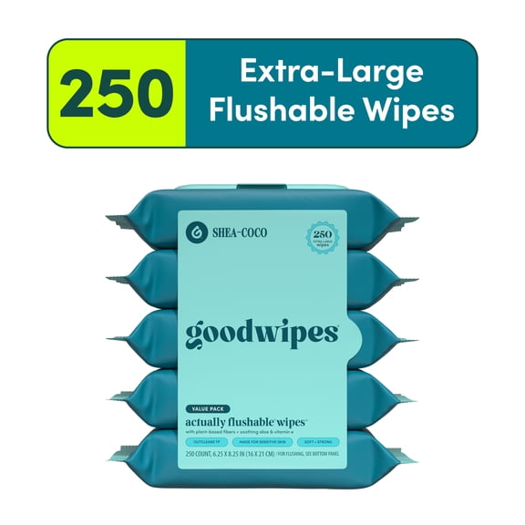 goodwipes Flushable Butt Wipes, Shea-Coco Scented, 5 Pack, 250 Total XL Wipes