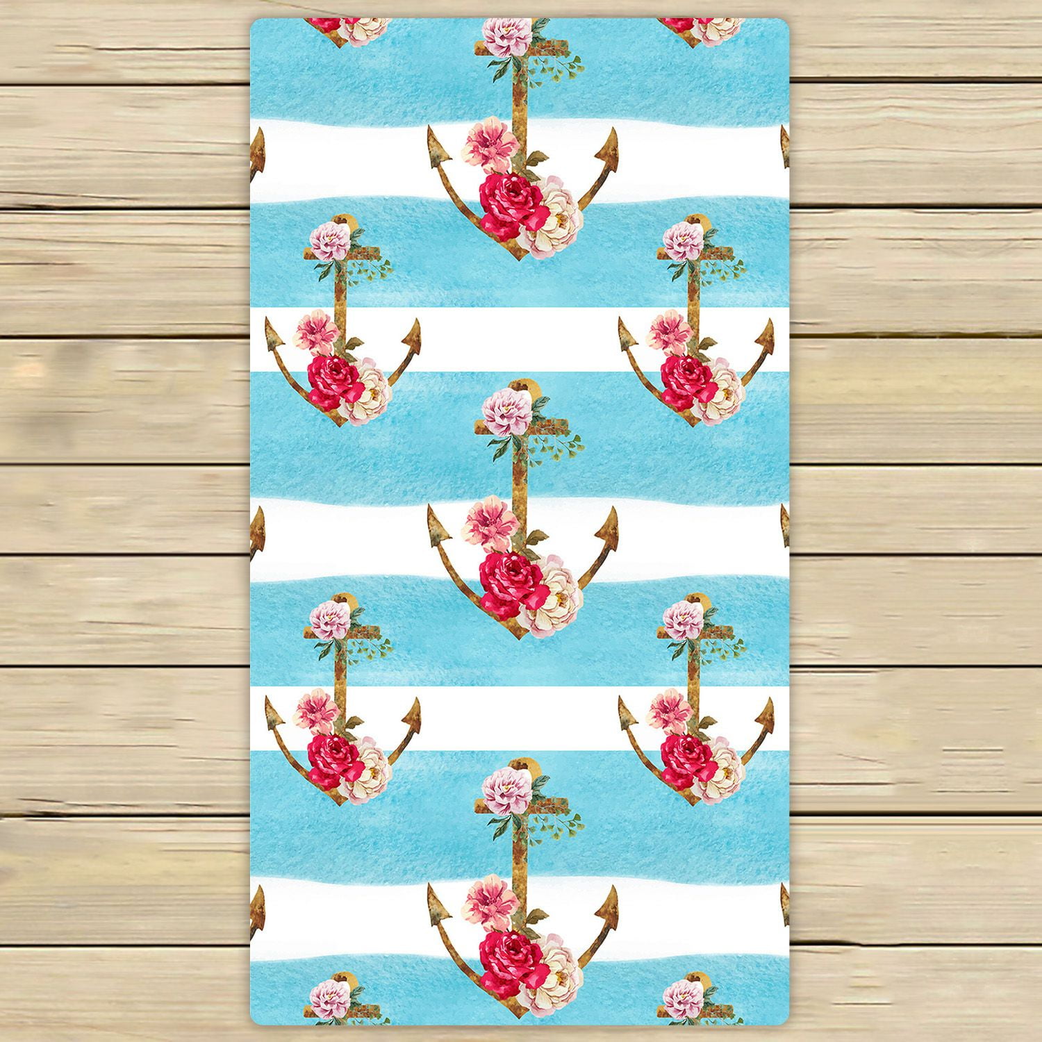 PHFZK Nautical Theme Towel, Watercolor Blue Stripes Anchor Flowers Hand