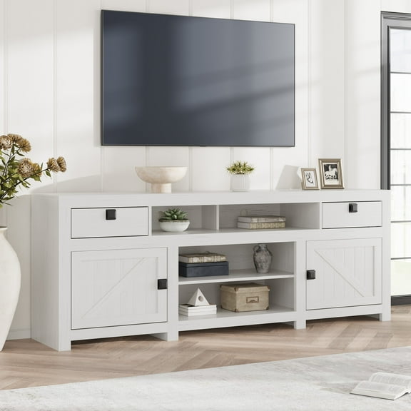 Farmhouse TV Stand for 80 Inch TVs, Long Entertainment Center with 4 Storage Doors & 3 Open Shelf, White Television Consoles Stands for Living Room, Bedroom