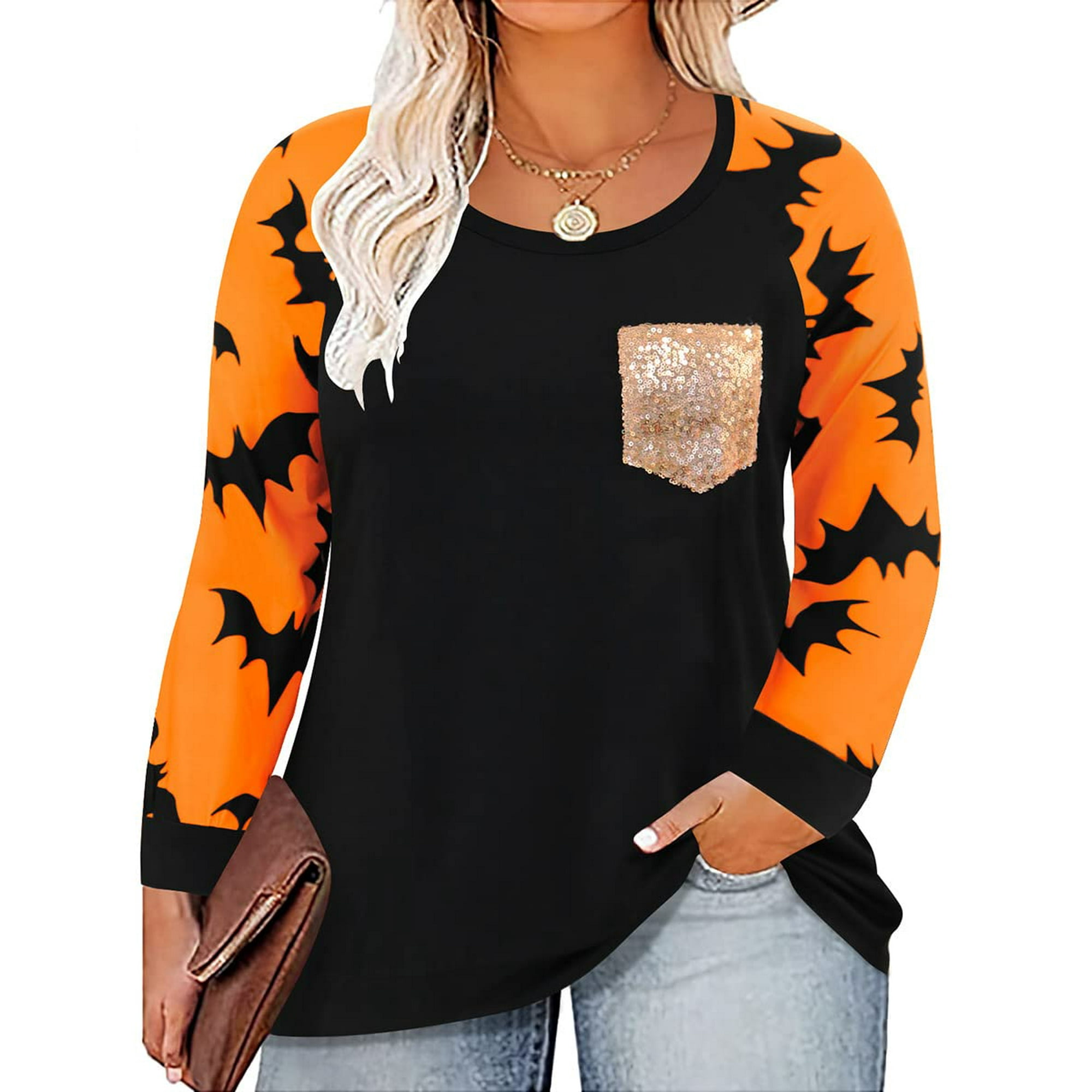 barbering repræsentant bånd TIYOMI Plus Size Halloween Long Sleeve Tops For Women 3X Bat Graphic Sequin  Pocket Shirts Raglan Black Orange Blouses Crewneck Color Block Tee Early  Spring Fall Winter Pullover 3XL 20W 22W -
