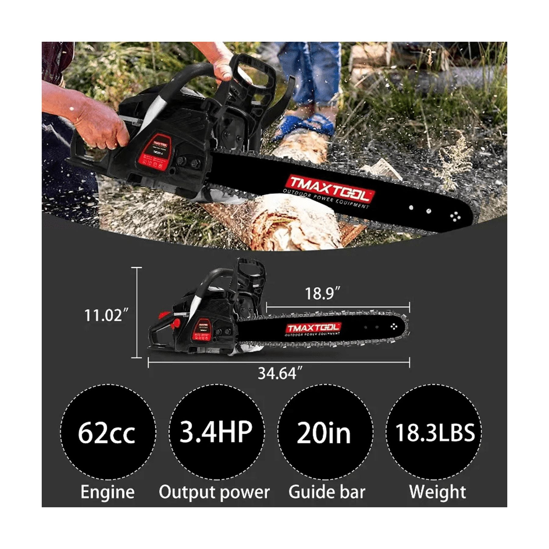 62cc Powerful 20 inch +16 inch Gas Chainsaw with 2 Stroke Perfect for Pruning, Limbing, and Sawmill Operations,black