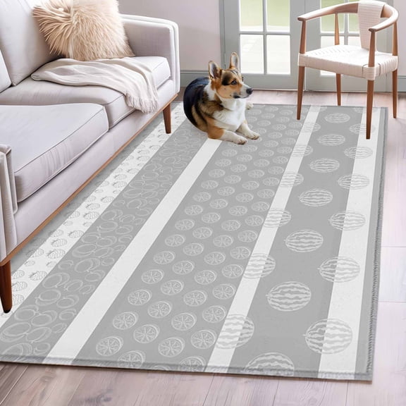 Area Rugs 2.7'x5', Farm Fruits Carpet for Living Room Bedroom Dining Room, Watermelon Lemons Peach Strawberry Grey Striped Throw Kitchen Rugs Non Slip Washable Rectangle Indoor Outdoor Rugs