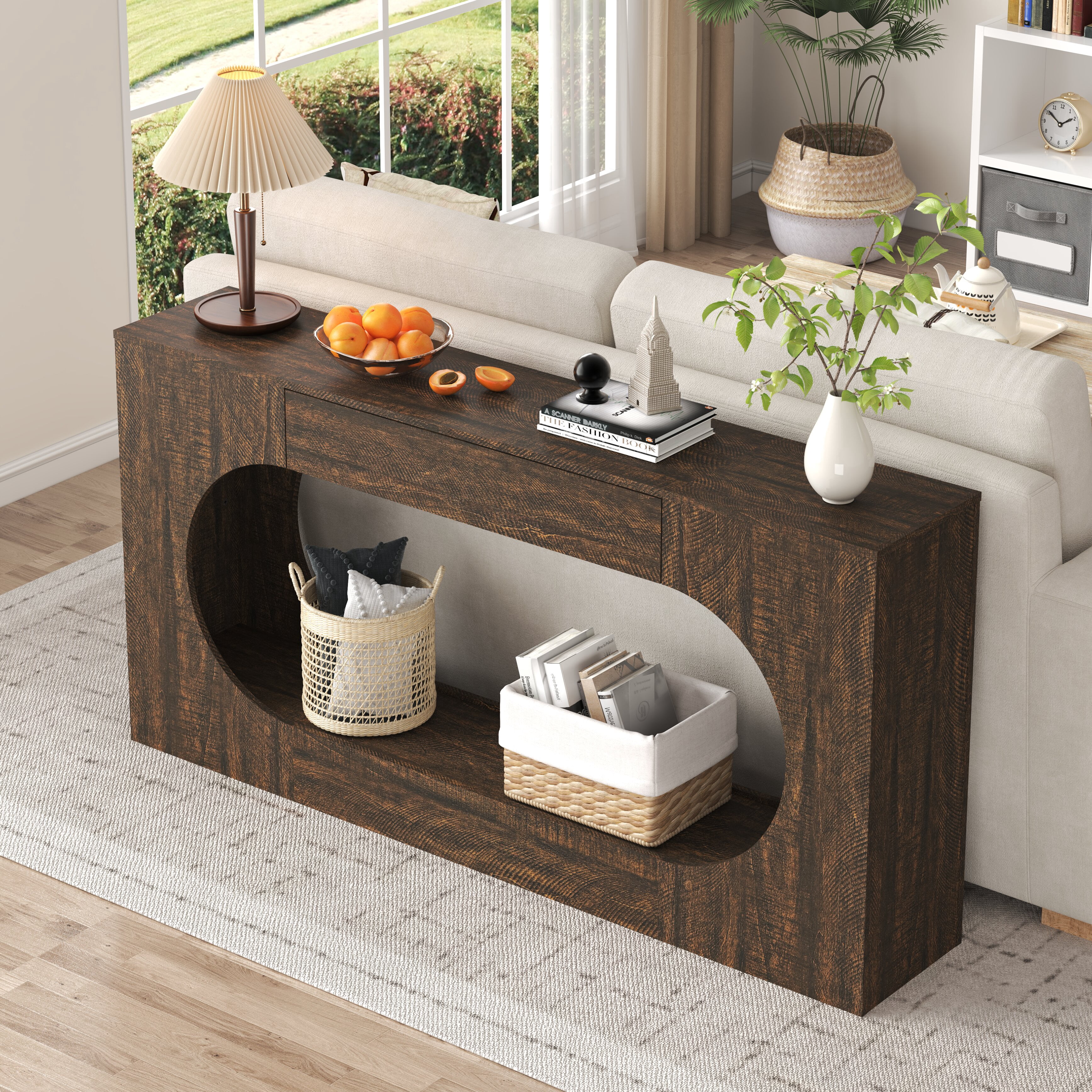 Mintazer Wood Grain Console Table with Drawer, 63"W Oval Hollow Frame Narrow Entryway Accent Table for Hallway,Living Room, Stairside, Walnut