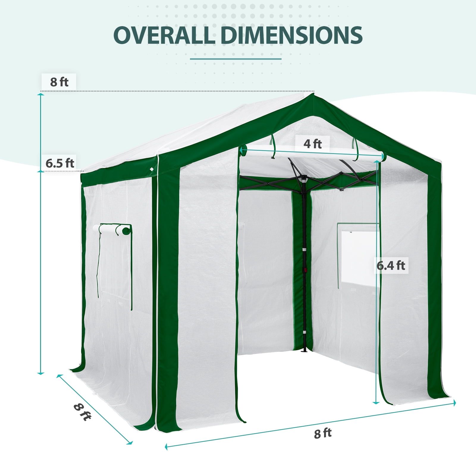 EAGLE PEAK 8 x 8ft Portable Walk-in Greenhouse with Roll-up Zipper Entry Door and 3 Large Roll-Up Screen Windows, Green/White