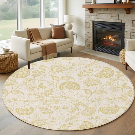 Yellow Spring Floral Round Rug 5ft Washable Circle Kitchen Rugs Non Slip Summer Botanical Farmhouse Large Area Rug Indoor Floor Carpet for Bedroom Living Room Home Office Dining Room Nursery
