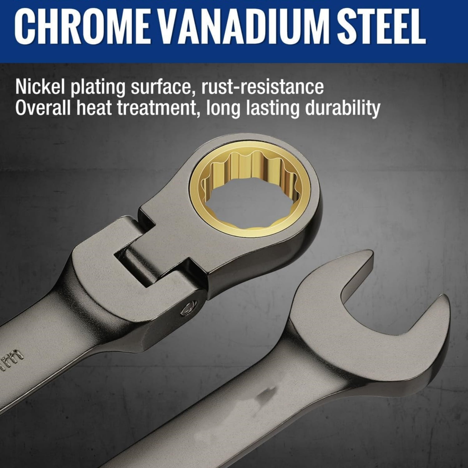 8-piece Flex-Head Ratcheting Combination Wrench Set, Metric 9-17 mm, 72-Teeth, Cr-V Constructed, Nickel Plating with Organization Bag