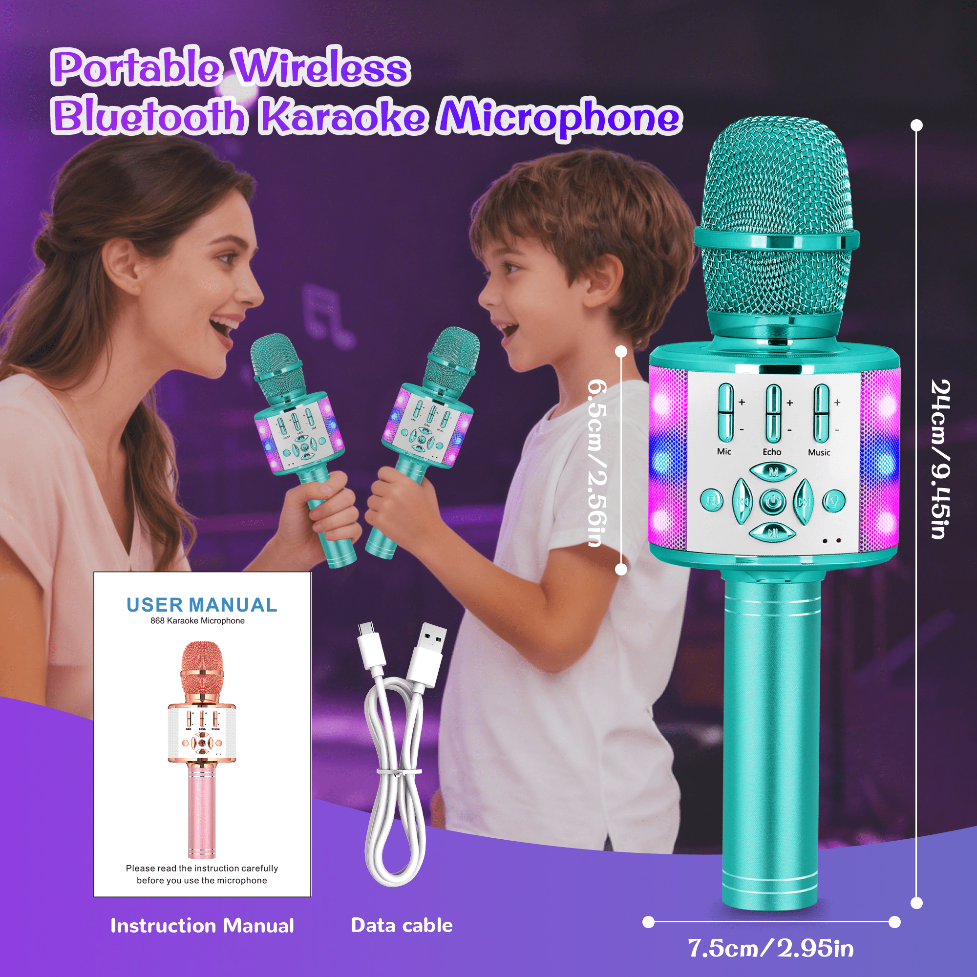 Bonaok Bluetooth Wireless Karaoke Microphone, Portable Handheld Karaoke Machine with LED Lights, Bluetooth Microphone Speaker Singing Gift for Kids Adults(Light Blue)