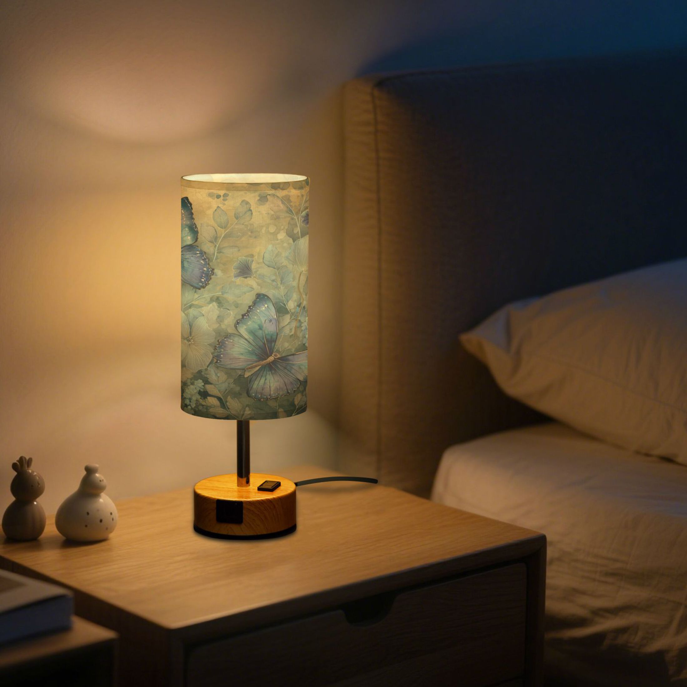 Wobogo Butterfly Floral Bedside Lamp Touch Control Table Lamp with USB A+C Charging Ports & AC Outlet 3-Way Dimmable Nightstand Lamp with Linen Fabric Shade for Bedroom Living Room