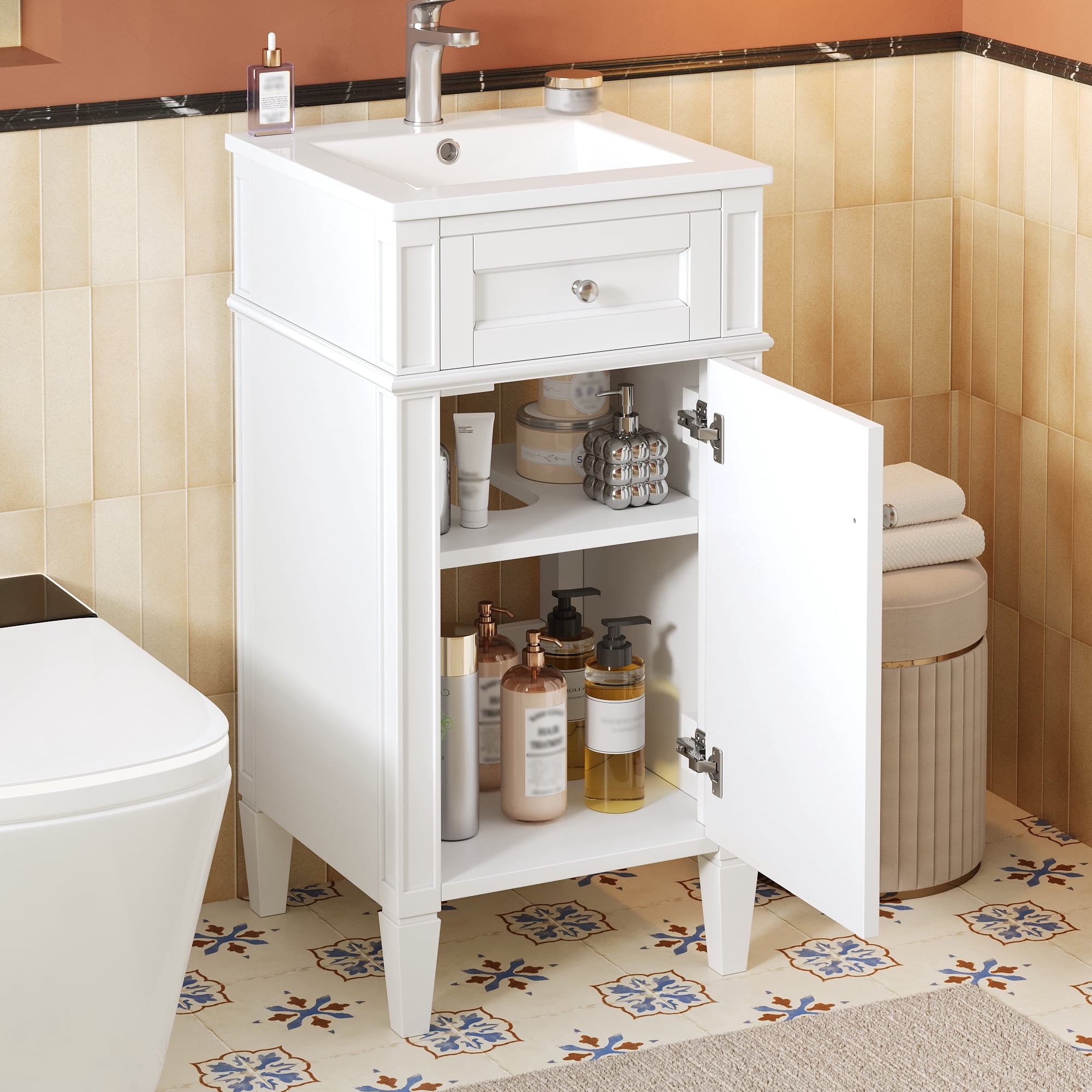 Harper & Bright Designs 16" Free Standing Single Basin Vanity Set, Bathroom Vanity with Sink Combo with Door and Adjustable Shelf, Bathroom Sink Storage Cabinet for Small Space, White