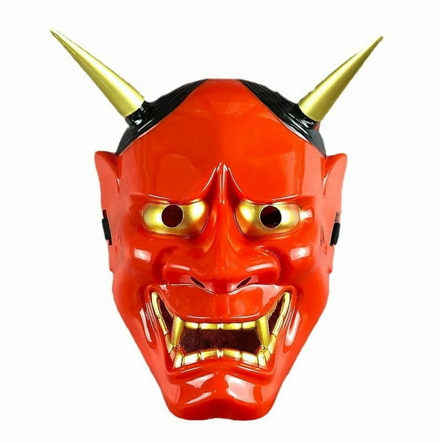 Máscara integral Oni Demon Scary con cuernos dorados de PVC, 20 x 25 cm