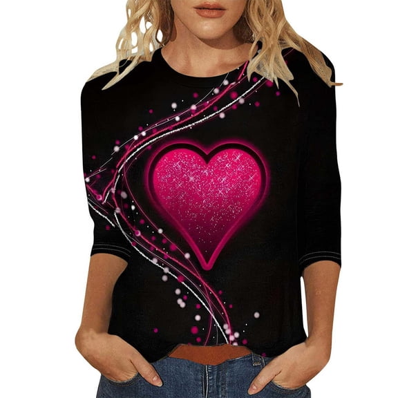 Kaondbfi Valentine Shirts for Women Love Heart Tshirt Valentine's Tee Shirt Casual Lover 3/4 Sleeve Sleeve Tops Surprise Gifts for Your Darling