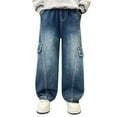thumbnail image 2 of Teen Casual Straight Wide Leg Cargo Jeans Relaxed Fit Jogger Jeans For Big Kids,A-Dark Blue 140, 2 of 7