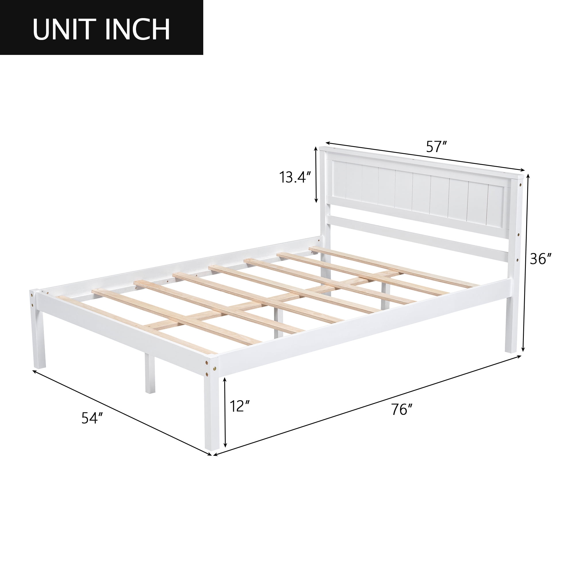 Leumius Full Size Platform Bed Frame with Headboard, Wood Slat Support, No Box Spring Needed for Bedroom Guest Room White