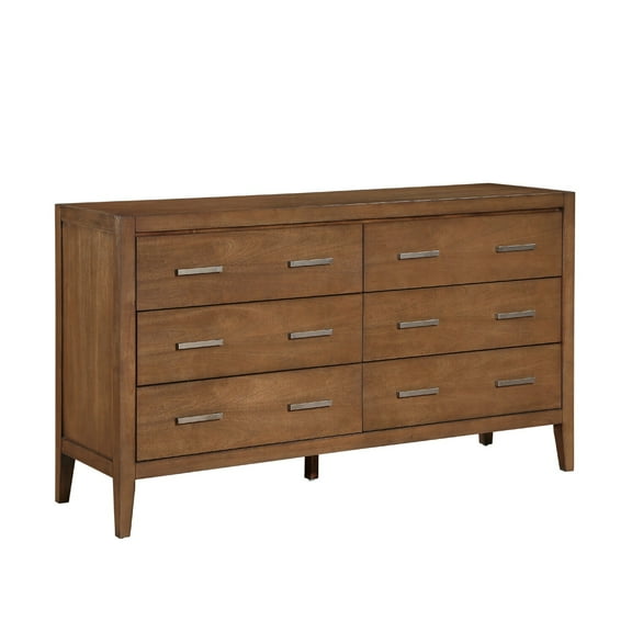Benjara Evi Dresser, 60 Inch, 6 Drawers, Brushed Rich Brown Wood, Brass Pulls