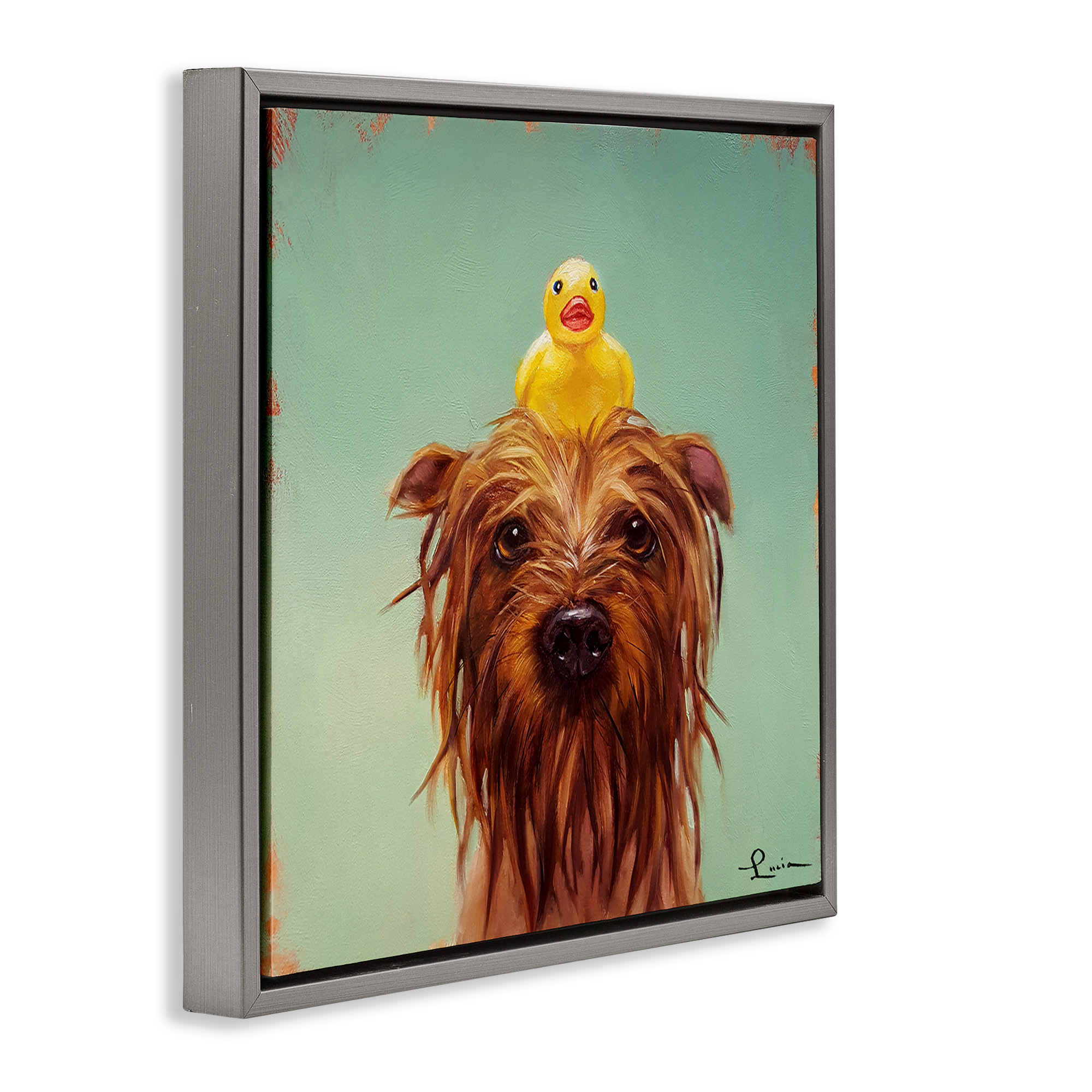 Stupell Industries Wet Dog with a Rubber Ducky Animals & Insects Painting Gray Floater Framed Canvas Art Print Wall Art, 18 x 18