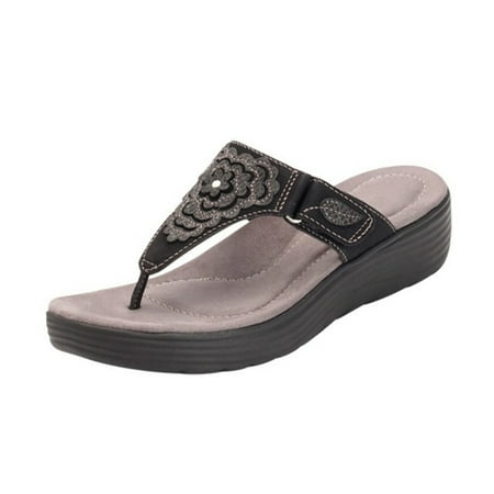 

VeliToy Women s Slippers Bohemia Style Summer Shoes Women Heels Sandals Flowers Wedges Shoes Beach Flip Flops (Black 38)