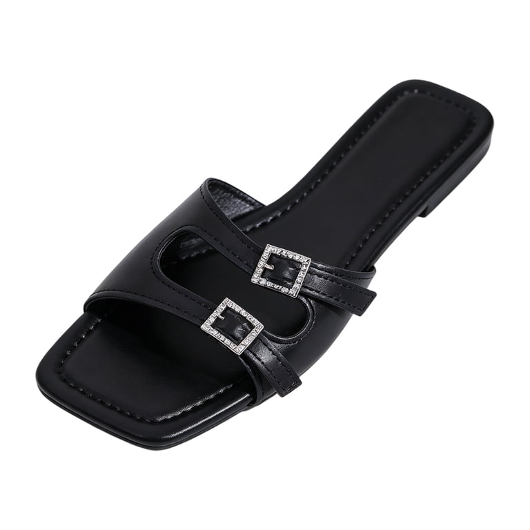 HTHLVMD Rhinestone Buckle Slippers, Women's Fashion Leather Flat