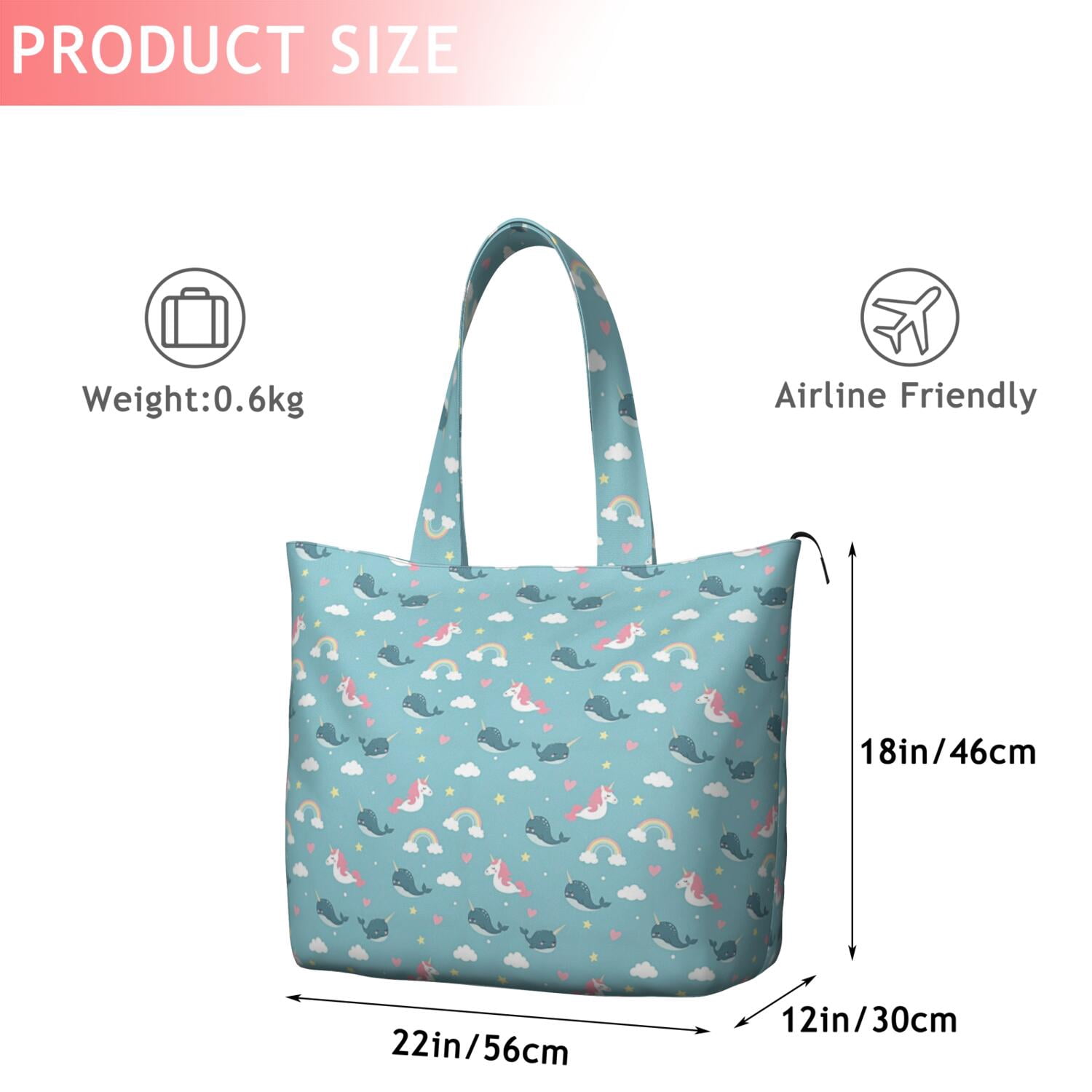 Blue Cartoon Unicorn and Narwhal Rainbow Cloud Travel Tote Bags for Women Carry On,Large Weekender Bags for Women Travel,Multi Functional Duffle Bag for Work,Shopping,Sports