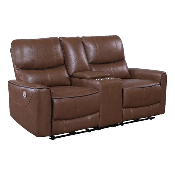 Benjara Lima Power Recliner Loveseat- Brown Faux Leather- USB Port- Foam- 72"