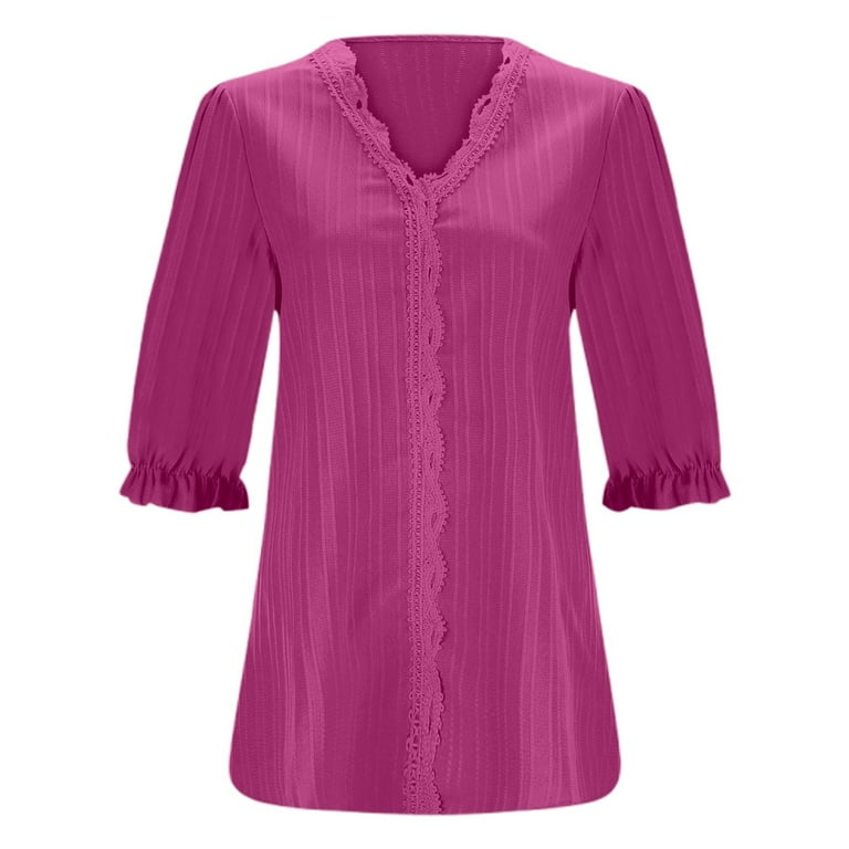 Womens Shirts Button Up Spring Summer Elegant Cut Out 3/4 Sleeve