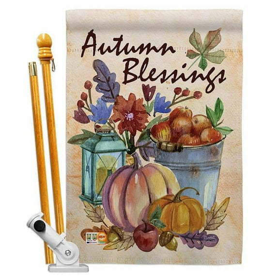 Breeze Decor BD-HA-HS-113006-IP-BO-D-US15-BD 28 x 40 in. Autumn Blessings Fall Harvest & Impressions Decorative Vertical Double Sided House Flag Set with Pole Bracket Hardware