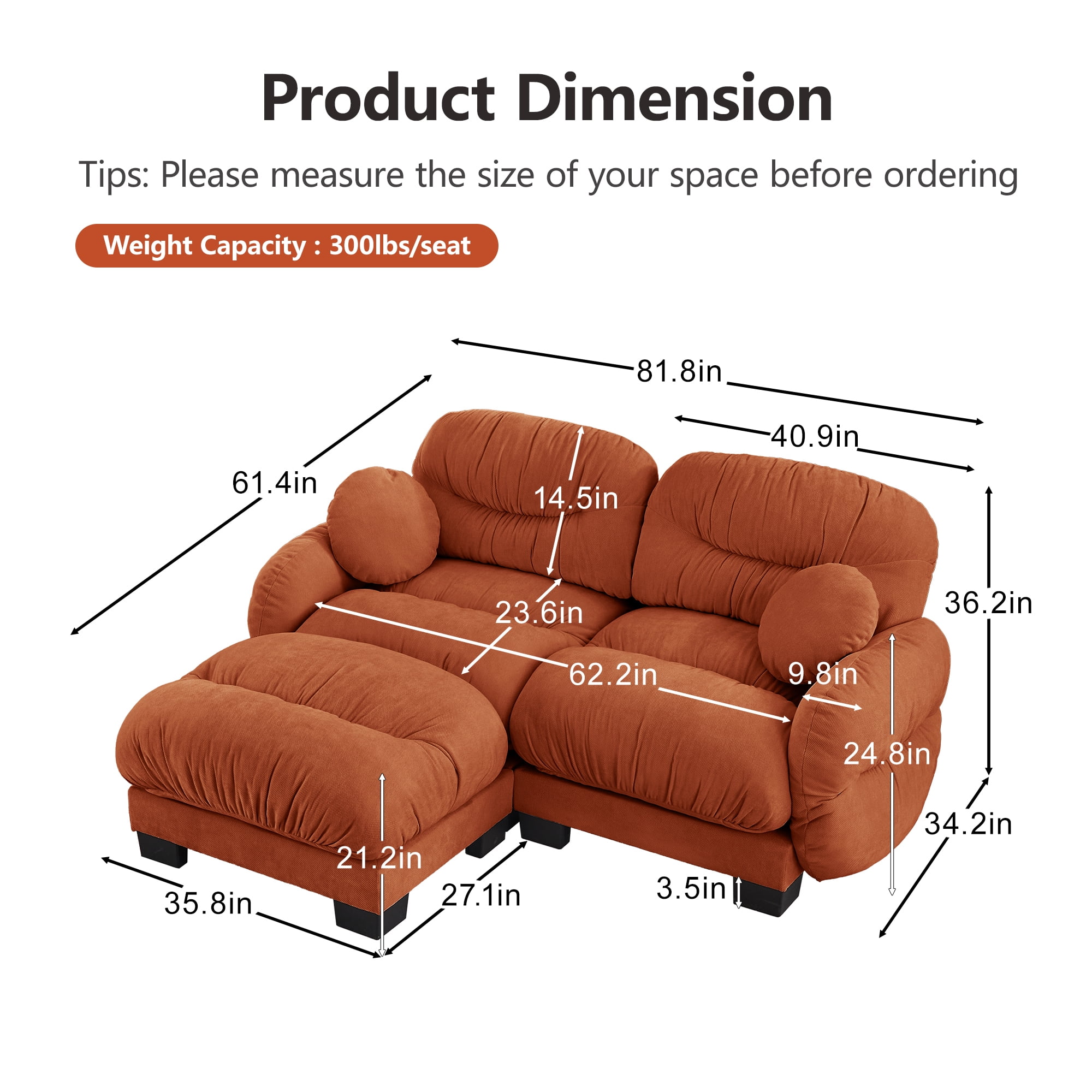 81" L Shape 2 Seater Sectional Couch Cozy Chenille Modular Sofa with Ottoman and 2 Throw Pillows