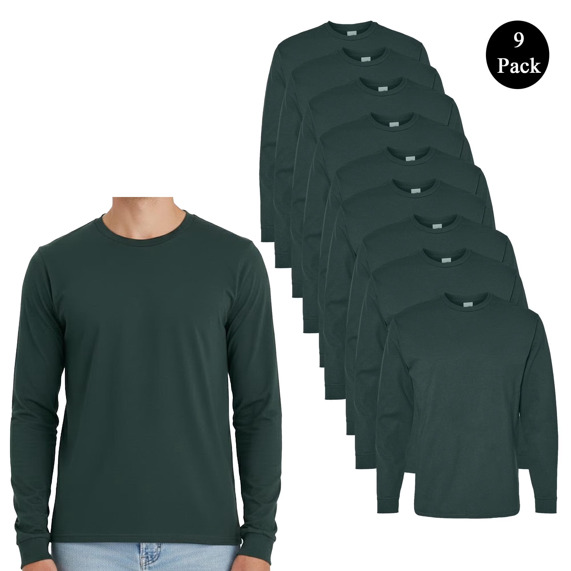 Hanes Essential-T Men Long Sleeve T-Shirt Comfortable Crewneck Athletic Dark Green Tee 9-Pack 2XL