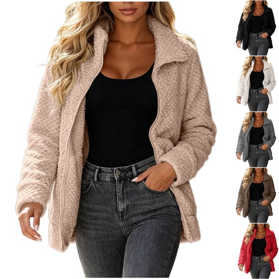 BXJX Womens Sherpa Fleece Jackets, Lapel Collar Long Sleeve Full Zip Casual Fall Winter Outerwear Khaki Size S-2XL