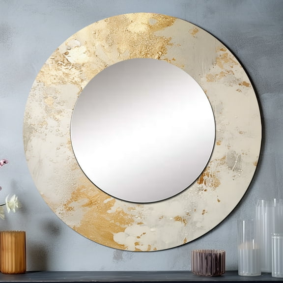 Designart "Effervescent Beige And Gold Imaginings" Abstract Rund Mirror For Wall Decor - Large Beige Round Print Mirror - Round Modern Mirror - Wall Mounted Round Large Mirror - 23" x 23"