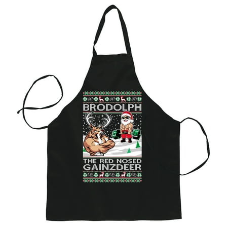 

Wild Bobby Brodolph Santa Working Out Gym the Red Nosed Gainzdeer Ugly Christmas Butcher Graphic Apron for Kitchen BBQ Grilling Cooking Black One Size