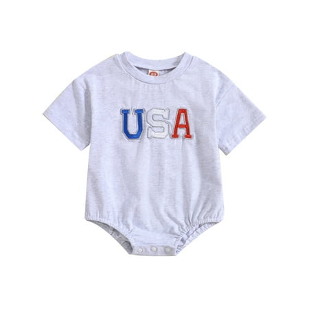 

jaweiwi Baby Toddler Girls Boys 4th of July Romper 0 3M 6M 12M 18M 24M Short Sleeve Crew Neck Embroidery Letters Summer Bodysuit for Independence Day