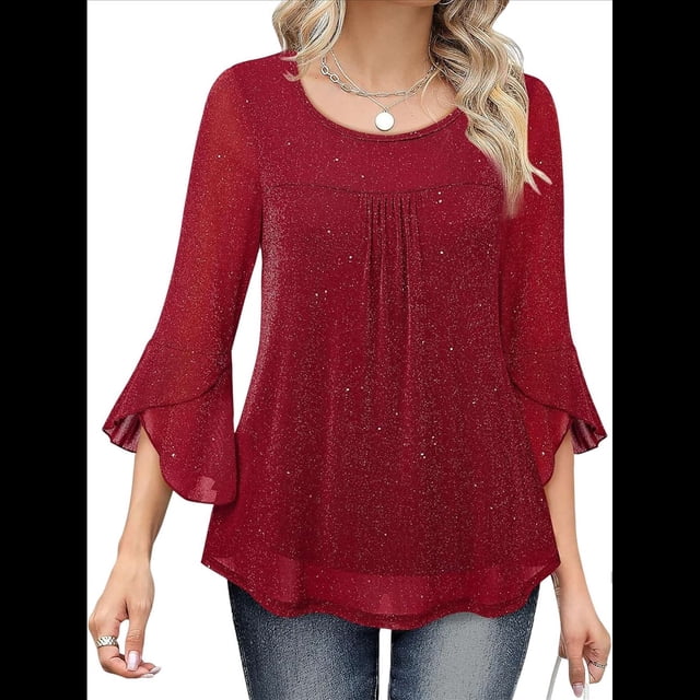 Blusa Elegante con Volantes para Mujer, 3/4, Cuello Redondo, Doble Capa, , Túnica. Rojo S