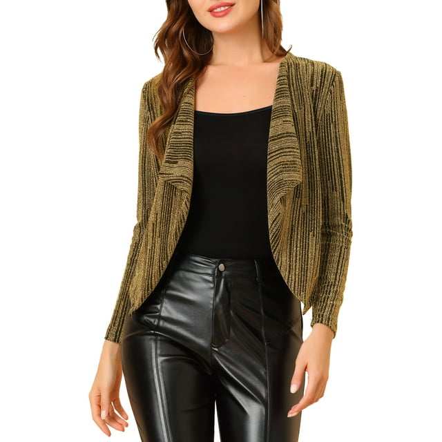 INSPIRE CHIC Women's Sparkle Long Sleeve Draped Collar Cropped Cardigan L Gold