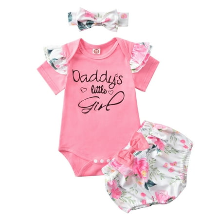 

One opening Baby Girls 3Pcs Summer Outfits Ruffle Romper + Bloomers + Headband