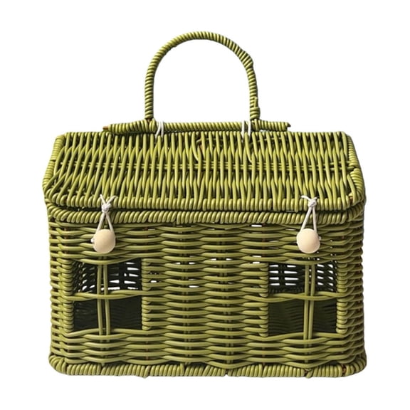 Green House Shaped PP Wicker Picnic Basket with Lid, Handle & Button Closure - 9.45x5.51x6.3 Inch Decorative Storage Basket for Garden, Picnic and Home Organization