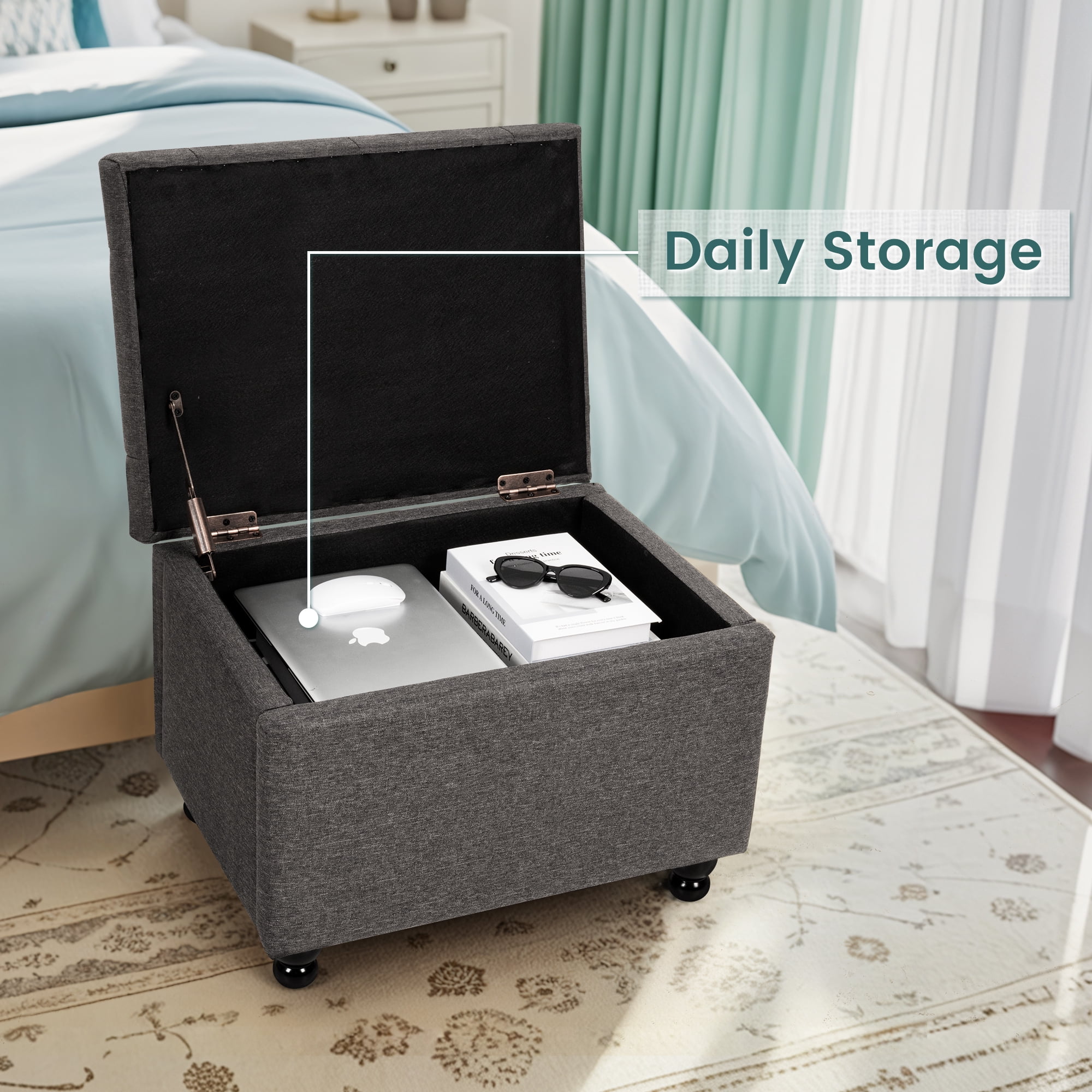 Pamapic 24" Faux Linen Rectangle Storage Ottoman,  Multifunctional Shoe Stool for Entryway in Grey
