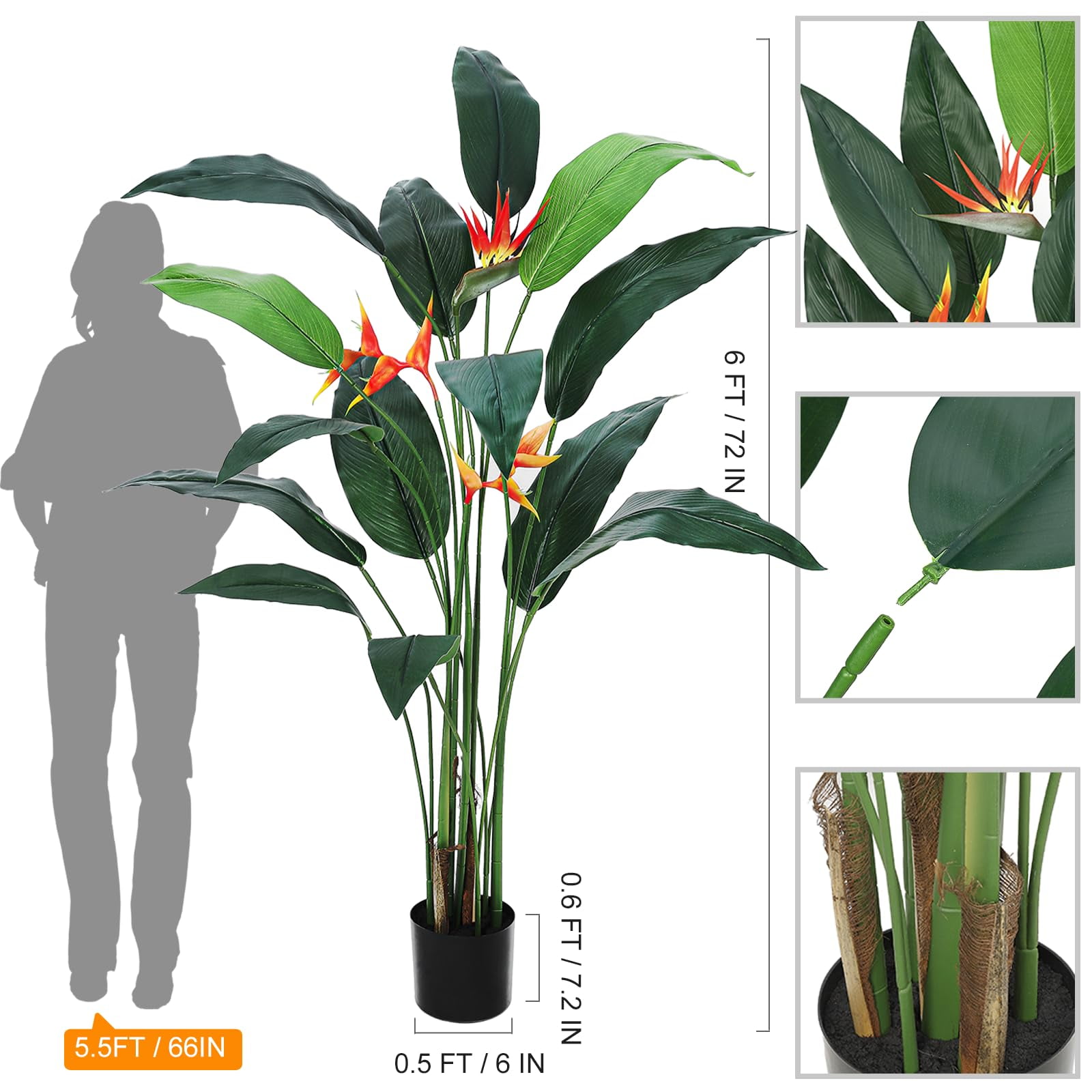 Artificial Bird of Paradise Plant 6FT(72in) FakeTree for Indoor Outdoor Modern Decor Faux Plants for Home Office Perfect Housewarming Gift with 17 Trunks Faux Leaves and 3 Faux Flowers