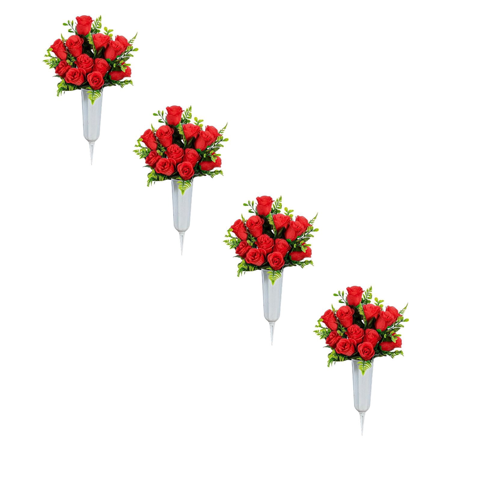 4 PCS Artificial Cemetery Flowers, Outdoor Grave Decorations Roses, Realistic Funeral Flowers, Non-Bleed Colors, 12-Head Red Bouquets, & 1 Matching Saddle, 16.5 Inch Height