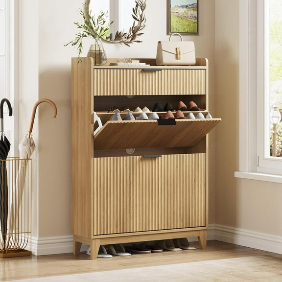 VEANERWOOD Fluted Shoe Cabinets with 2 Flip Drawers, Freestanding Narrow Shoe Rack Organizer with Drawers, Up To 20 Pairs