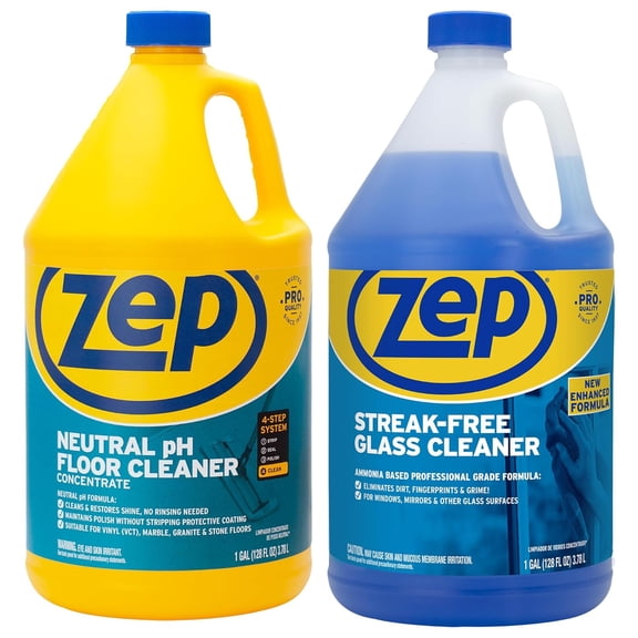 Zep Neutral pH Floor Cleaner Concentrate 1 Gal (1 Unit) and Zep Streak-Free Glass Cleaner 1 Gal (1 Unit) - Gallon Floor and Glass Cleaning Bundle for Hard Floors and Windows
