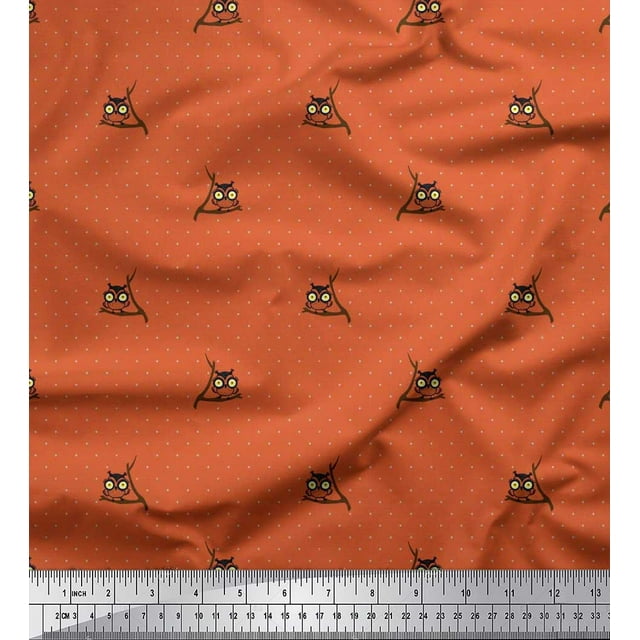 Soimoi Poly Georgette Fabric Dot & Owl Bird Print Fabric by Yard 52 Inch Wide
