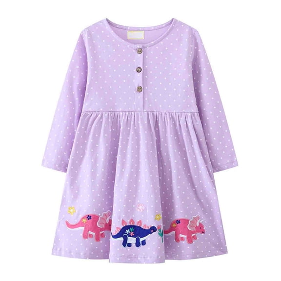 Rggeeun Toddler Girls Ctton Long Sleeve Dress Casual Cartoon Appliques Party Dresses Fashionable O-Neck Sundress