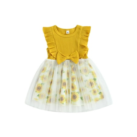 

Arvbitana Toddler Girls Princess Dress 6M 12M 18M 24M 3T 4T Ribbed Sunflower Print Tulle Splicing Crew Neck Ruffles Sleeveless Dress Summer Dress