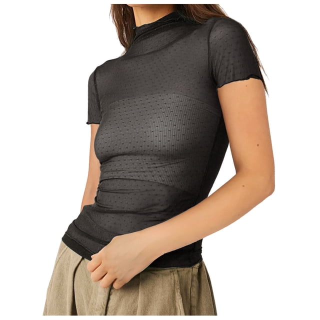 Top de manga corta de malla para mujer - Blusa transparente con cuello alto y bordado de lunares - Camiseta versátil informal/de fiesta - Tallas S-XL