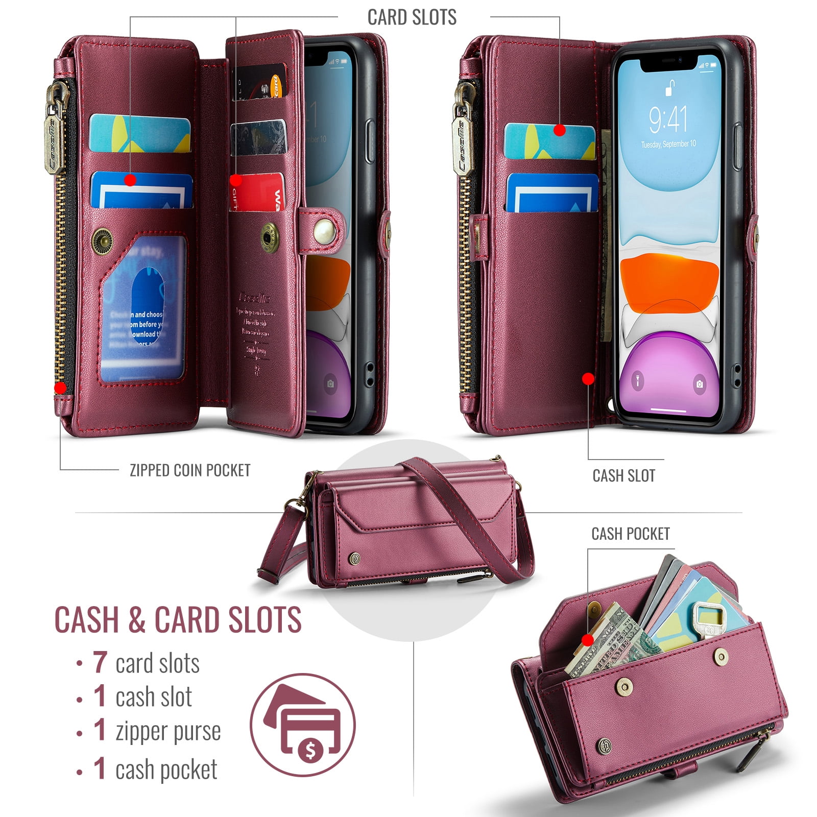 for iPhone 11 Full Body Protection Wallet Folio Flip Case, Shoulder Strap & Wristlet Card Slots Zipper Pocket RFID Blocking Rugged Durable PU Leather Phone Case Cover, Winered