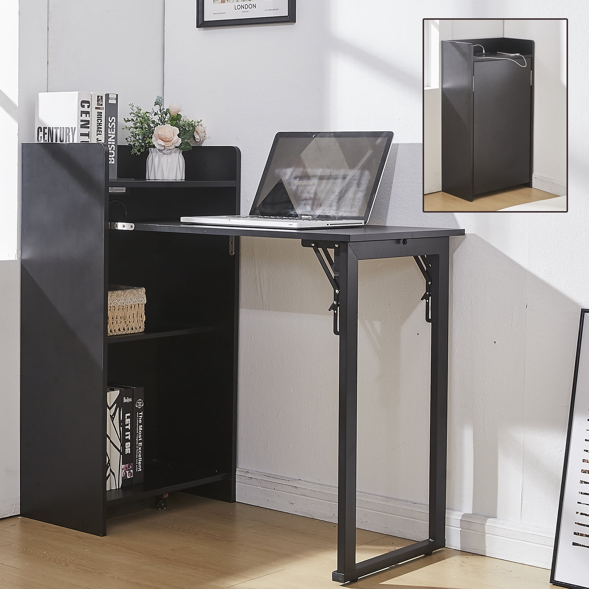 Haooyeah 37" Foldable Storage Desk with Charging Station, Space-Saving Desk with Raised Surface, Multi-functional Desk for Home Office, Bedroom, and Small Spaces