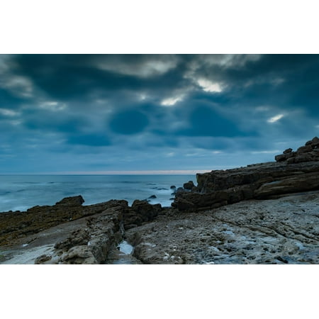 Seaside Rocks - LAMINATED POSTER Overcast Blue Seaside Rocks Ocean Horizon Cloudy Poster Print 24x16 Decal