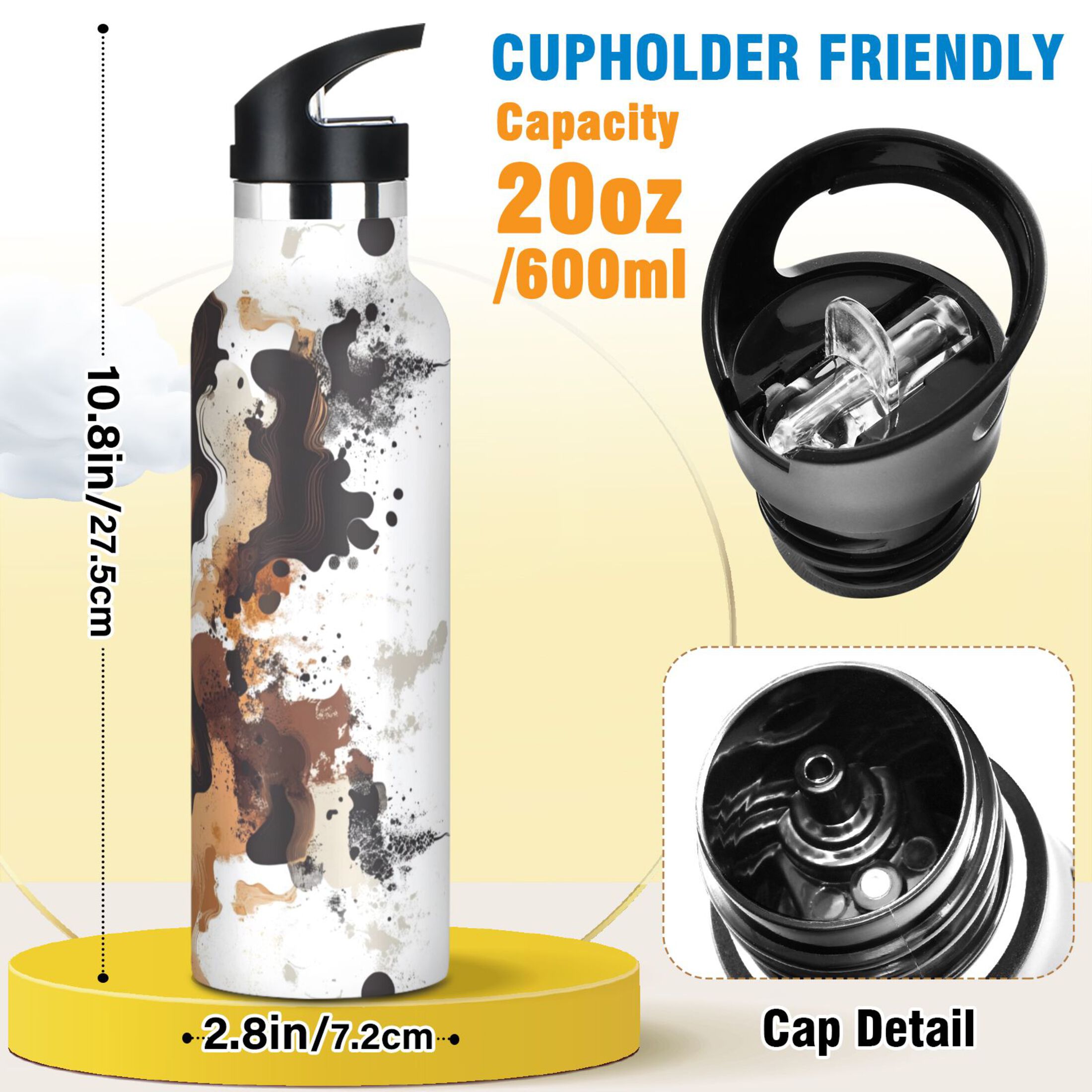 Kids Insulated Stainless Steel Sports Water Bottle 600ml (20oz) Flowing Black and Brown Lines