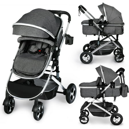 AILEEKISS 2 in 1 Convertible Baby Stroller, Unisex Folding Infant Newborn Bassinet Pram, Dark Grey